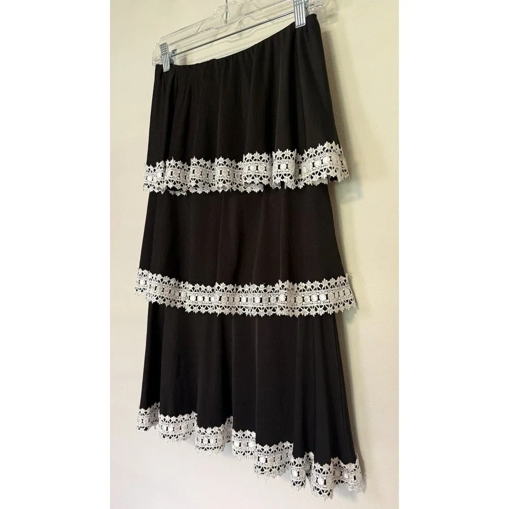 Judith March Tiered Skirt Medium Black White Crochet Lace Boho Hippie
